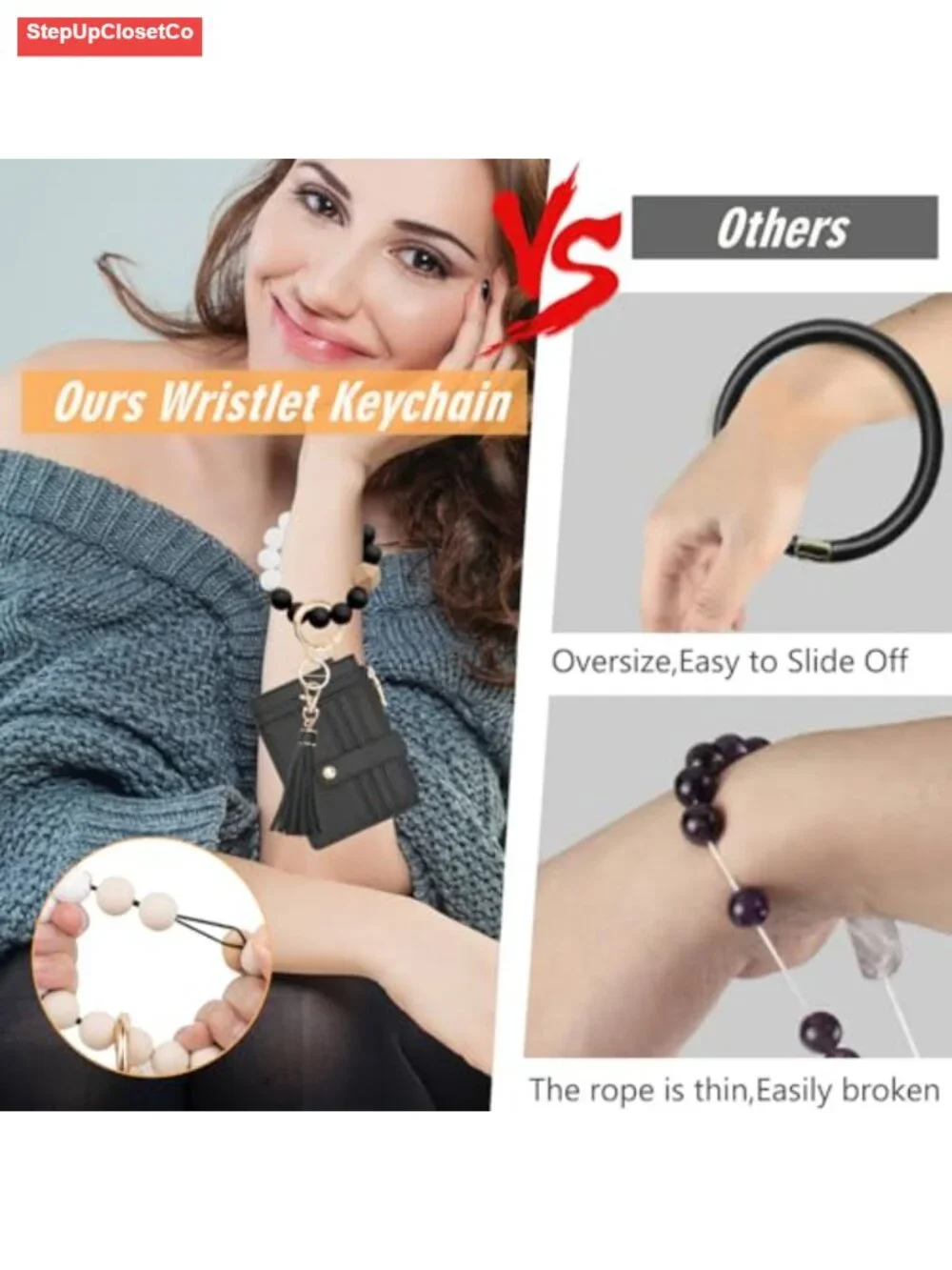 RFID Blocking Wristlet Wallet with Beaded Strap, Faux Leather Keychain